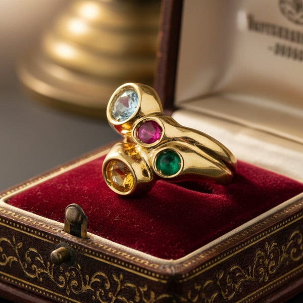 Vintage Italian Harlequin Gemstone Ring 14K Gold Wide Band