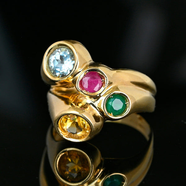 Vintage Italian Harlequin Gemstone Ring 14K Gold Wide Band