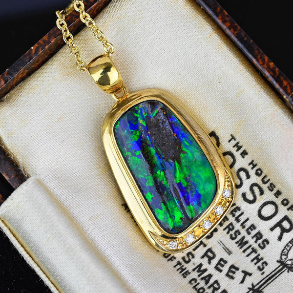 Fine 18K Gold Diamond Accent Boulder Opal Pendant - Boylerpf