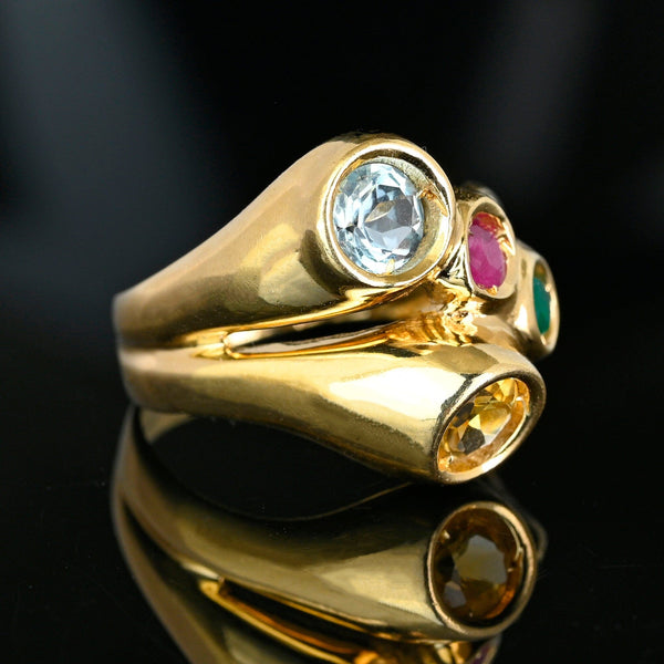 Vintage Italian Harlequin Gemstone Ring 14K Gold Wide Band