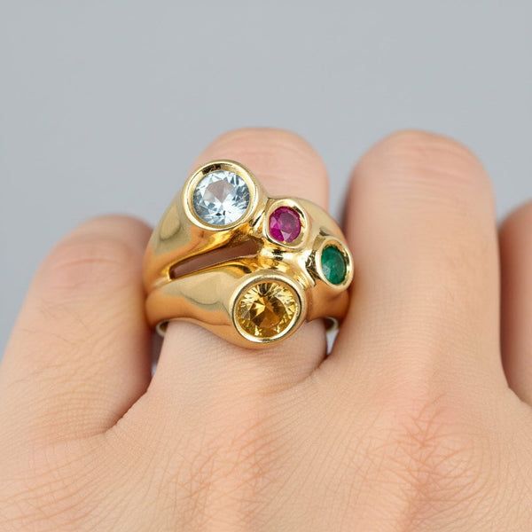 Vintage Italian Harlequin Gemstone Ring 14K Gold Wide Band
