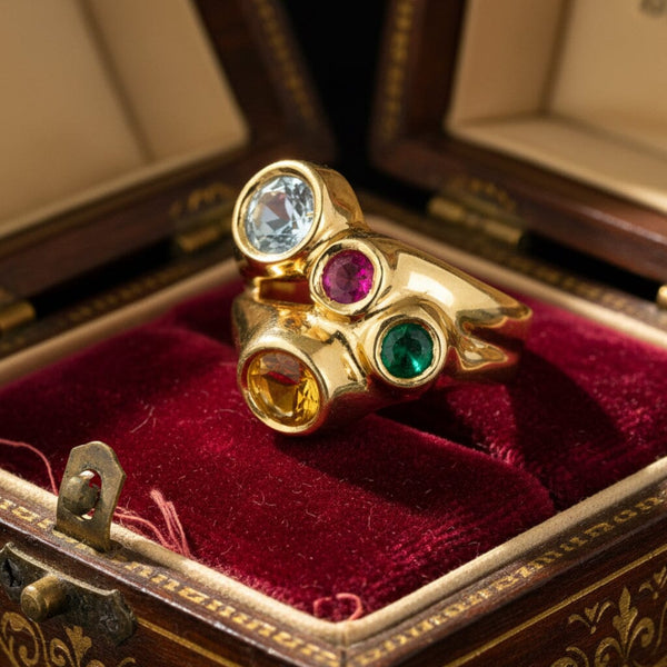 Vintage Italian Harlequin Gemstone Ring 14K Gold Wide Band