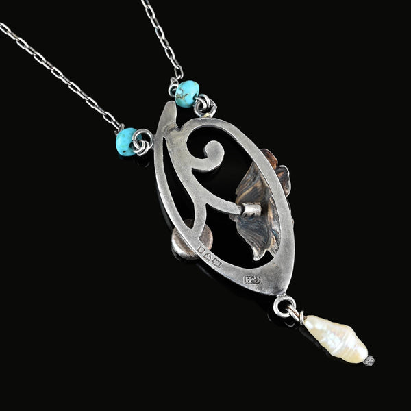 Arts & Crafts Charles Horner Enamel Flower Turquoise Necklace - Boylerpf