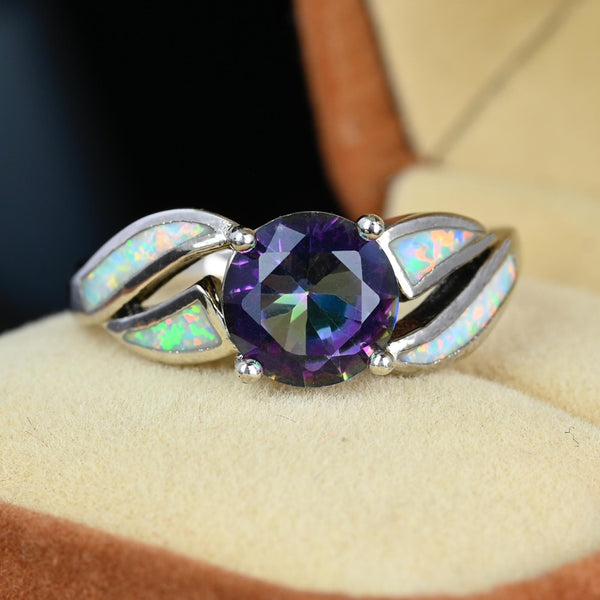 Vintage Opal Inlay Mystic Topaz Ring in 10K White Gold - Boylerpf