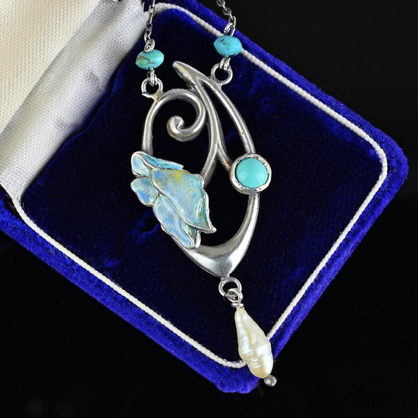 Arts & Crafts Charles Horner Enamel Flower Turquoise Necklace - Boylerpf