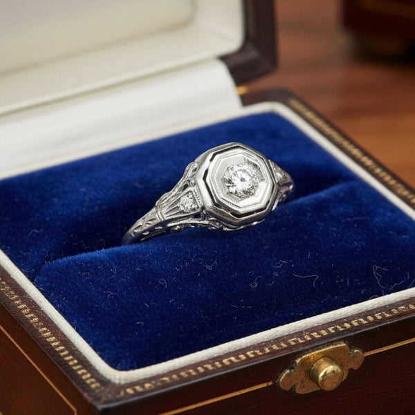 Art Deco 14K White Gold Filigree Solitaire Diamond Ring