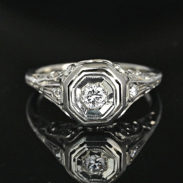 Art Deco 14K White Gold Filigree Solitaire Diamond Ring - Boylerpf