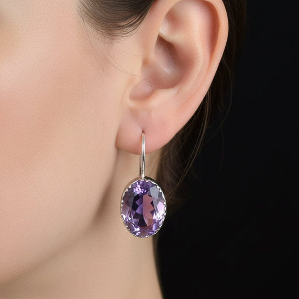Antique Silver Pierced Foiled Back Amethyst Earrings