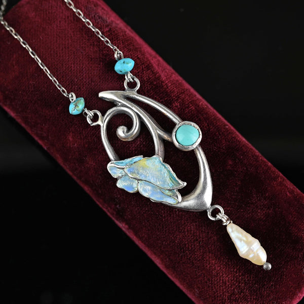 Arts & Crafts Charles Horner Enamel Flower Turquoise Necklace - Boylerpf