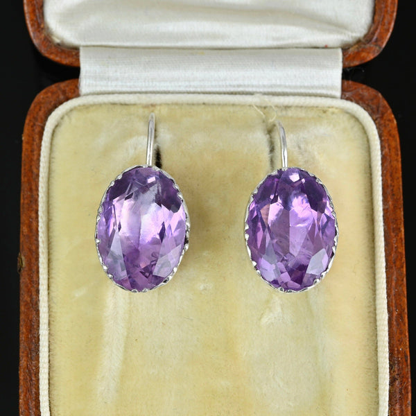 Antique Silver Pierced Foiled Back Amethyst Earrings