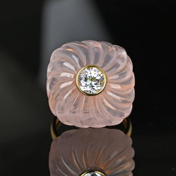 Pinwheel Carved Rose Quartz Blue Topaz Ring in 14K Gold - Boylerpf