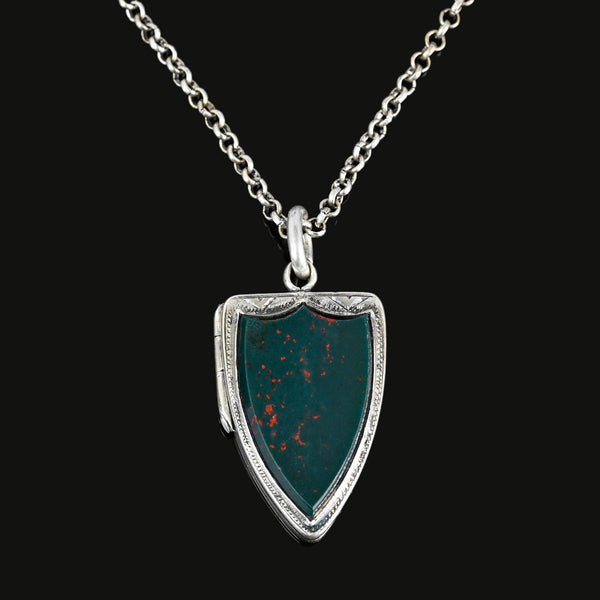Antique Silver Shield Shape Bloodstone Locket Pendant - Boylerpf