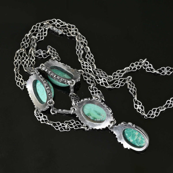 Antique Silver Etruscan Turquoise Festoon Necklace - Boylerpf