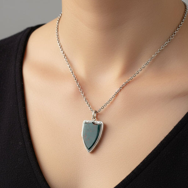 Antique Silver Shield Shape Bloodstone Locket Pendant - Boylerpf
