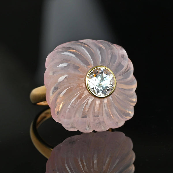 Pinwheel Carved Rose Quartz Blue Topaz Ring in 14K Gold - Boylerpf
