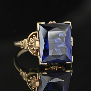 Art Deco 10K Gold Floral Detailed Blue Sapphire Ring - Boylerpf