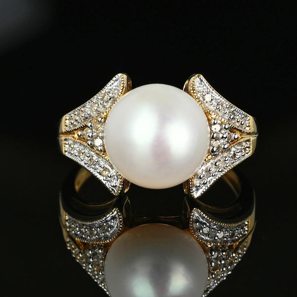 Vintage Large Pearl Diamond Cluster Cocktail Ring in Gold - Boylerpf