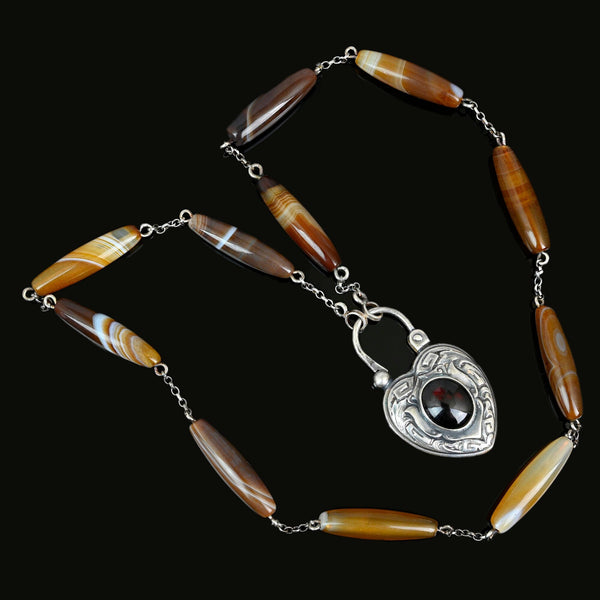 Vintage Scottish Agate Garnet Heart Padlock Necklace