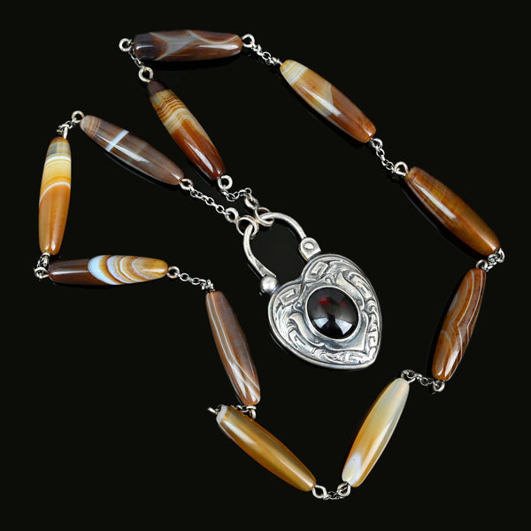 Vintage Scottish Agate Garnet Heart Padlock Necklace