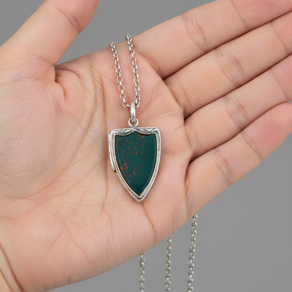 Antique Silver Shield Shape Bloodstone Locket Pendant - Boylerpf