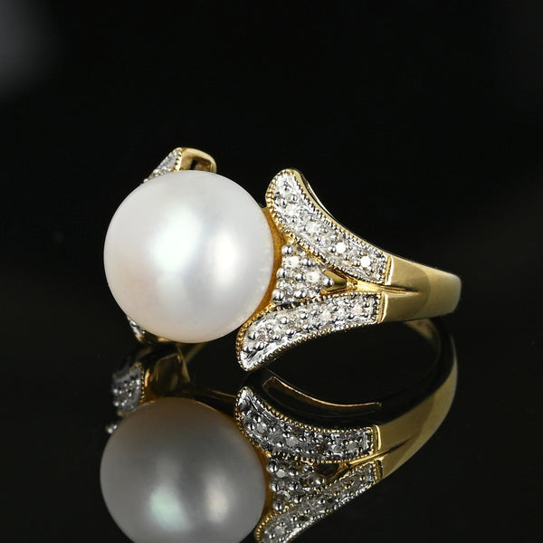 Vintage Large Pearl Diamond Cluster Cocktail Ring in Gold - Boylerpf