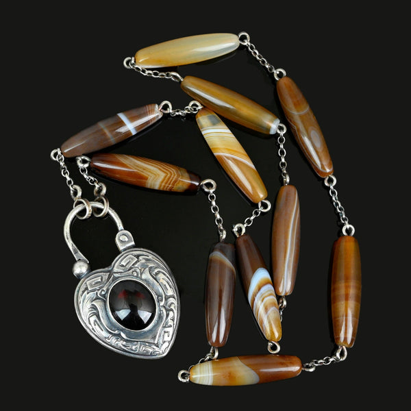 Vintage Scottish Agate Garnet Heart Padlock Necklace