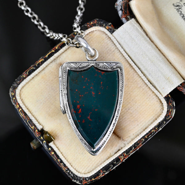 Antique Silver Shield Shape Bloodstone Locket Pendant - Boylerpf