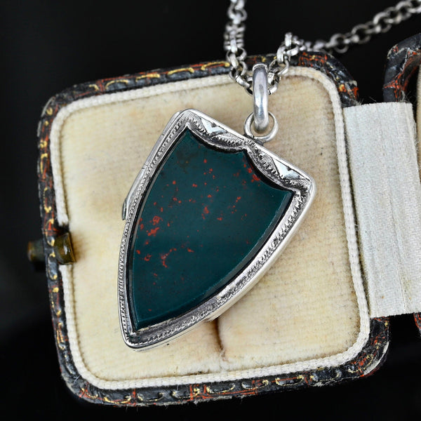 Antique Silver Shield Shape Bloodstone Locket Pendant - Boylerpf