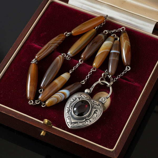Vintage Scottish Agate Garnet Heart Padlock Necklace