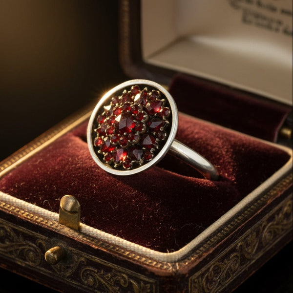 Vintage Bohemian Garnet Cluster Ring Sterling Silver