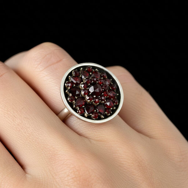 Vintage Bohemian Garnet Cluster Ring Sterling Silver