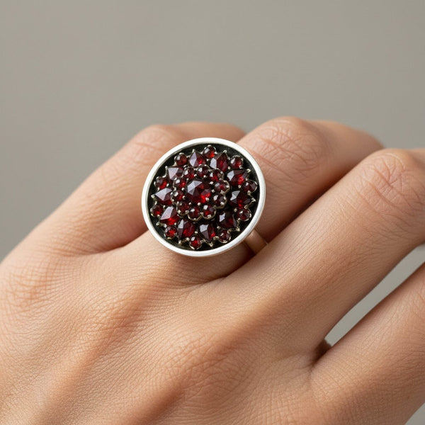 Vintage Bohemian Garnet Cluster Ring Sterling Silver