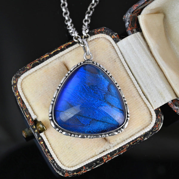 Art Deco Silver Iridescent Morpho Butterfly Wing Pendant - Boylerpf