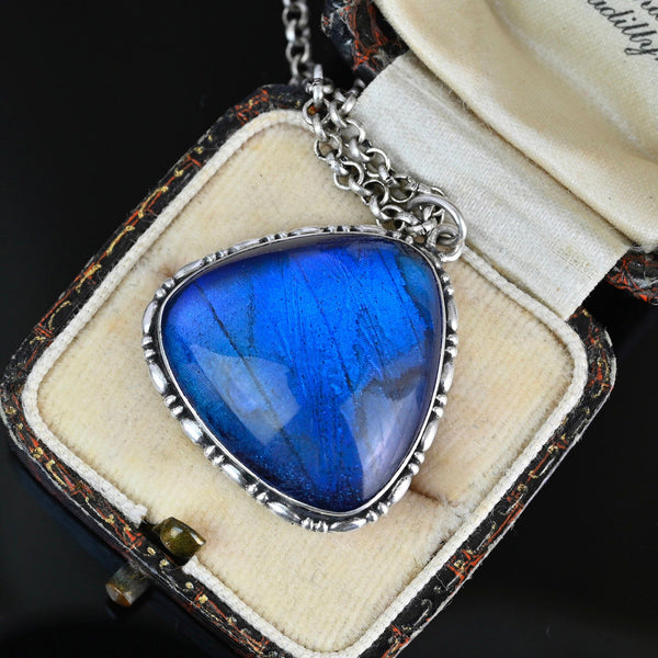 Art Deco Silver Iridescent Morpho Butterfly Wing Pendant - Boylerpf