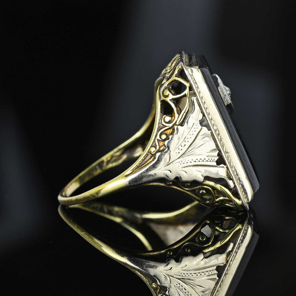 Art Deco 14K Gold Filigree Diamond Black Onyx Ring - Boylerpf