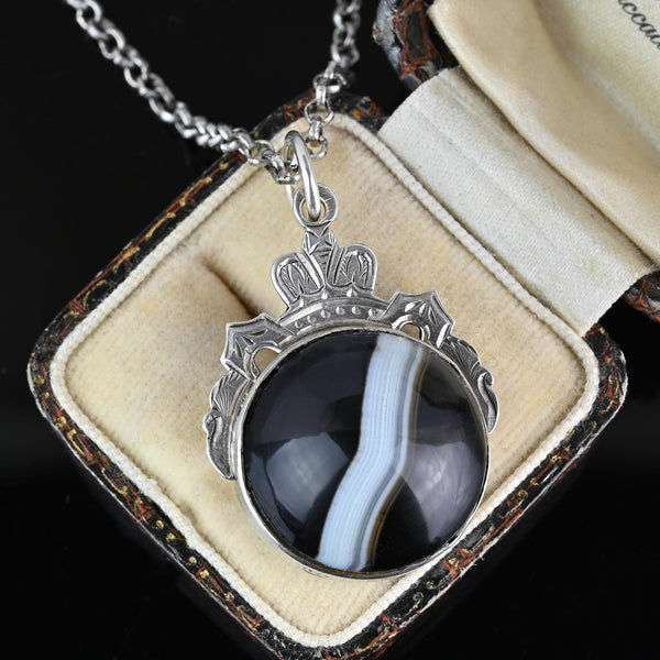 Antique Silver Crown Motif Banded Agate Bloodstone Pendant Fob - Boylerpf