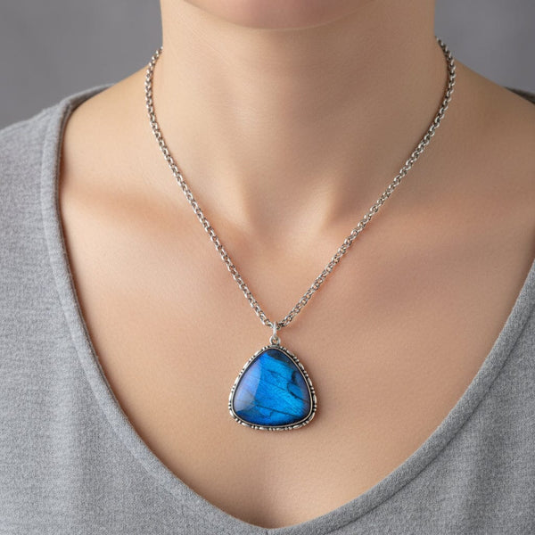 Art Deco Silver Iridescent Morpho Butterfly Wing Pendant - Boylerpf