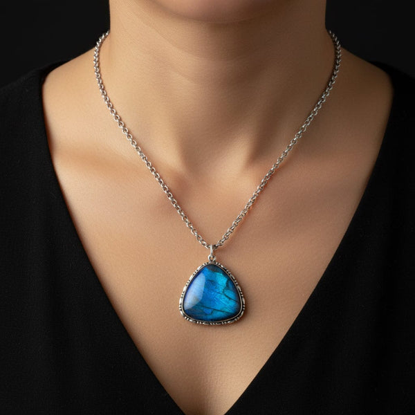 Art Deco Silver Iridescent Morpho Butterfly Wing Pendant - Boylerpf