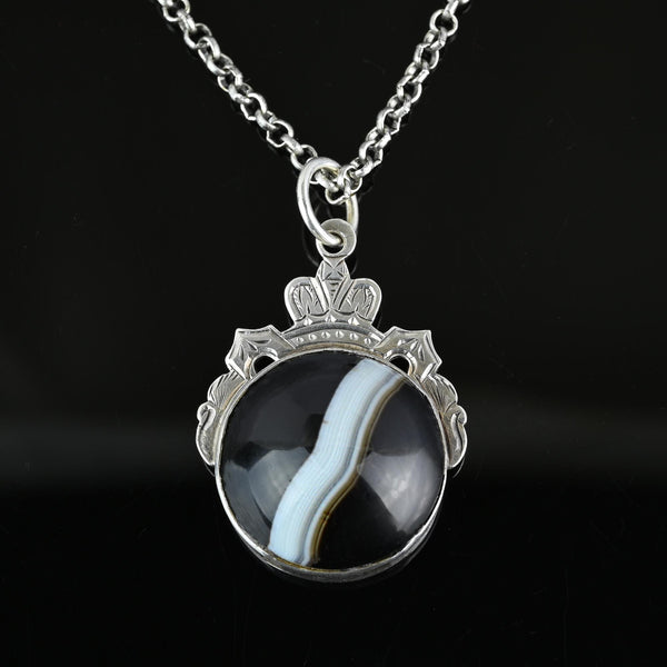Antique Silver Crown Motif Banded Agate Bloodstone Pendant Fob - Boylerpf