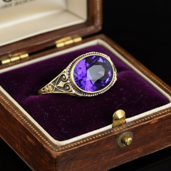 Art Deco 14K Gold Amethyst Ring 2.2 Carat February Birthstone
