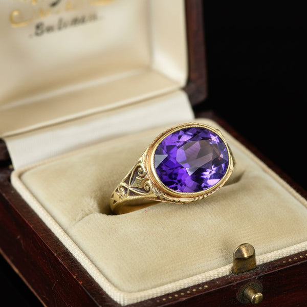 Art Deco 14K Gold Amethyst Ring 2.2 Carat February Birthstone
