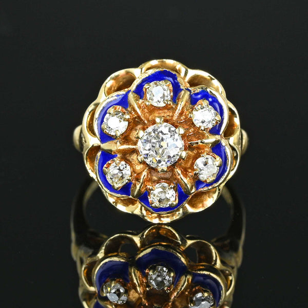 Vintage Blue Enamel Mine Cut Diamond Ring in 14K Gold - Boylerpf