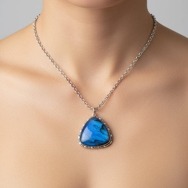 Art Deco Silver Iridescent Morpho Butterfly Wing Pendant - Boylerpf