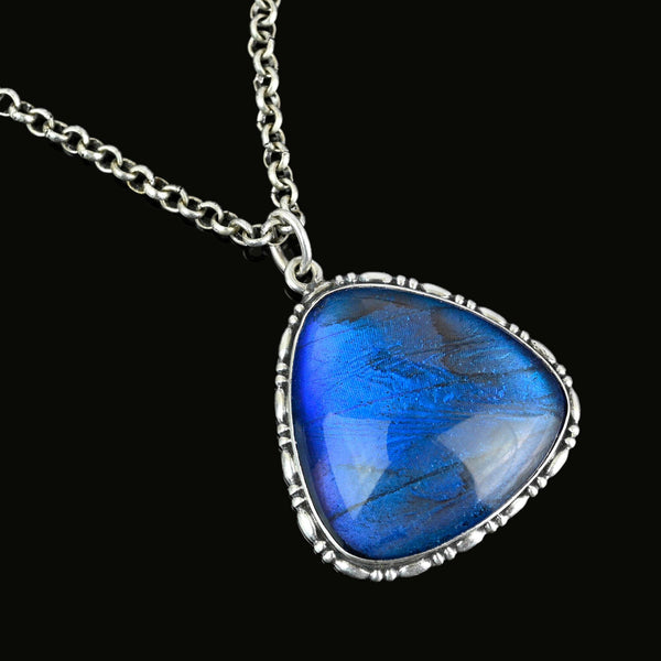 Art Deco Silver Iridescent Morpho Butterfly Wing Pendant - Boylerpf