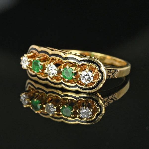 Antique 14K Gold Enamel Diamond Emerald Ring - Boylerpf