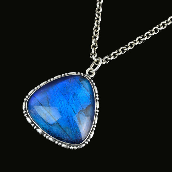 Art Deco Silver Iridescent Morpho Butterfly Wing Pendant - Boylerpf