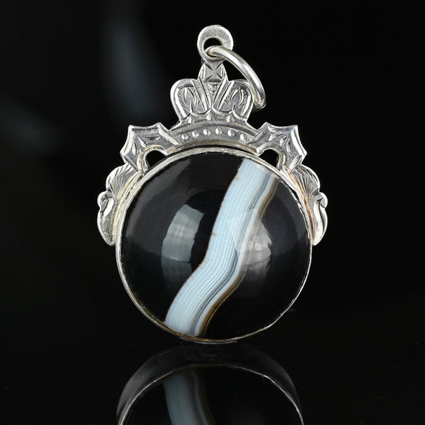Antique Silver Crown Motif Banded Agate Bloodstone Pendant Fob - Boylerpf