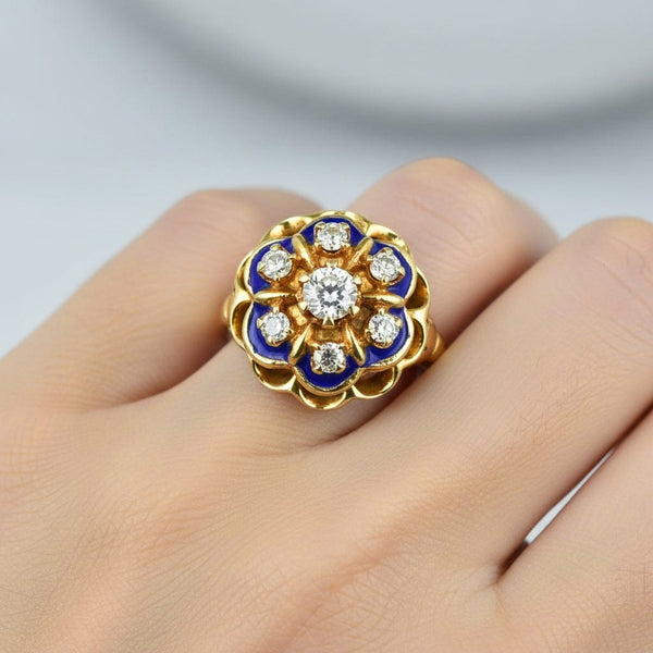 Vintage Blue Enamel Mine Cut Diamond Ring in 14K Gold - Boylerpf