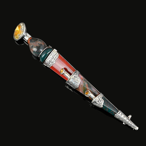 Large Silver Antique Scottish Agate Citrine Dirk Kilt Brooch - Boylerpf