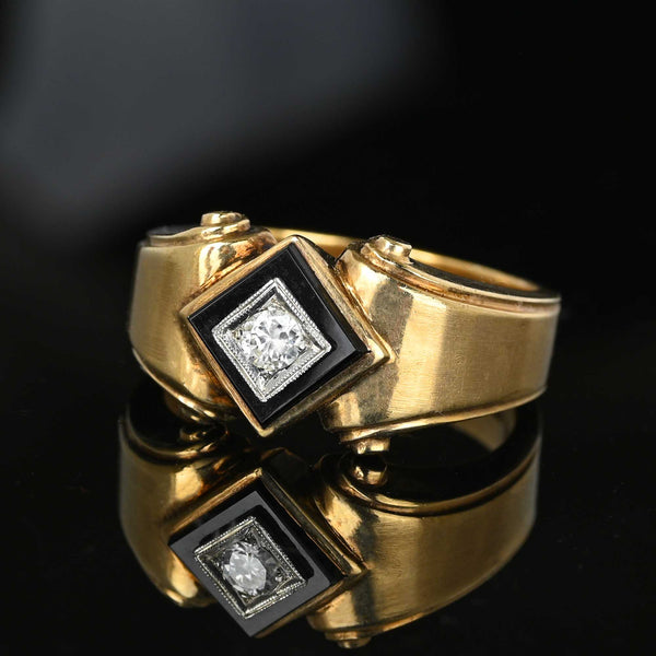 Art Deco Diamond Onyx Signet Ring in Gold - Boylerpf
